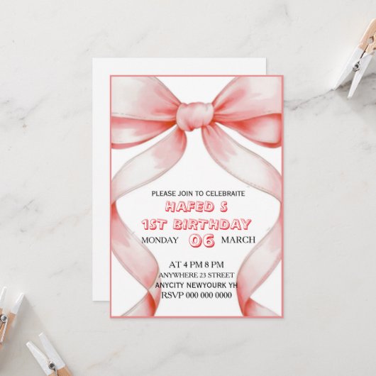 Invitation Anniversaire de la Bow rose, Fille Anni (Devant/Arrière en situation)
