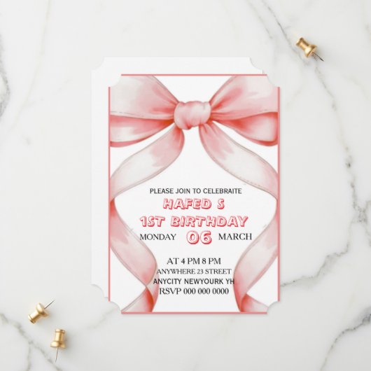 Invitation Anniversaire de la Bow rose, Fille Anni (Devant/Arrière en situation)