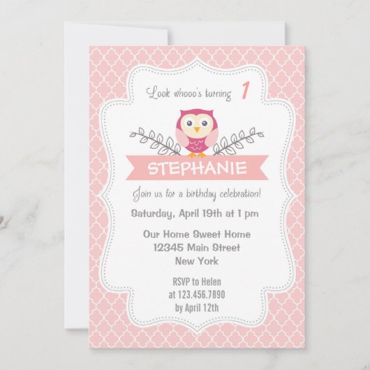 Invitation Anniversaire de la Chouette douce rose (Devant)
