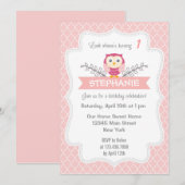 Invitation Anniversaire de la Chouette douce rose (Devant / Derrière)