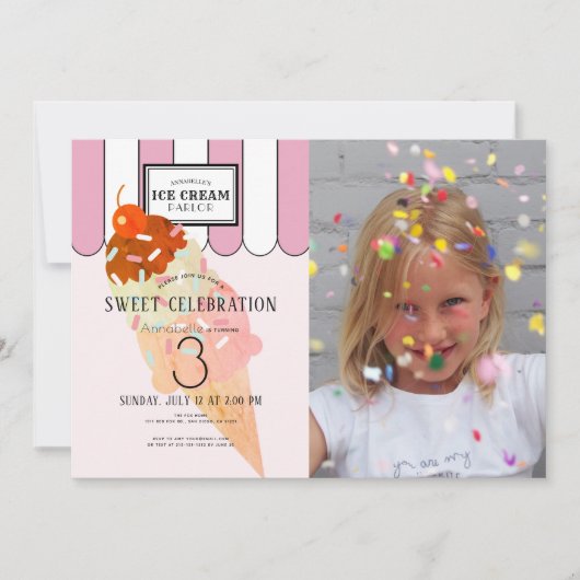 Invitation Anniversaire de la crème glacée rose (Devant)