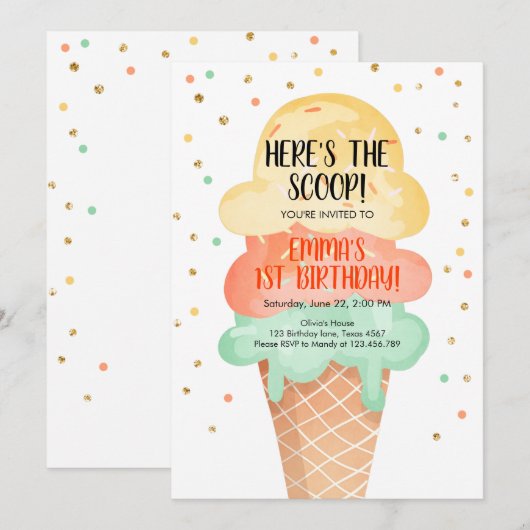 Invitation Anniversaire de la crème glacée Voici la soirée Sc (Devant / Derrière)