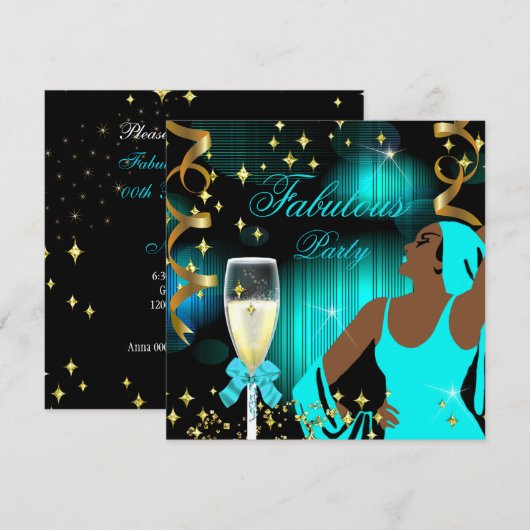 Invitation Anniversaire de la Diva au Glitter Bleu Turquoise (Devant / Derrière)