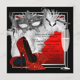 Invitation Anniversaire de la femme en masquerade rouge et no