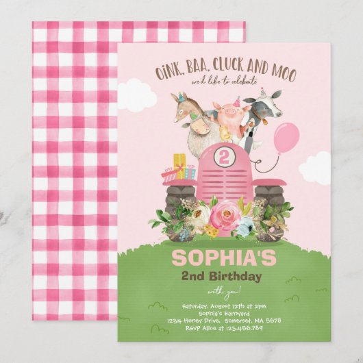 Invitation Anniversaire de la ferme Pink Old MacDonald Barnya (Devant / Derrière)