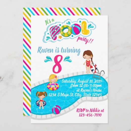 Invitation Anniversaire de la fête de la piscine (Devant / Derrière)