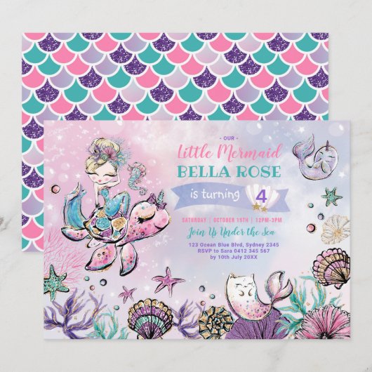 Invitation Anniversaire de la fête de la piscine aux sirènes  (Devant / Derrière)