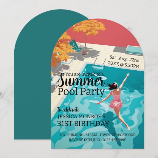 Invitation Anniversaire de la fête de la piscine classique de (Devant / Derrière)