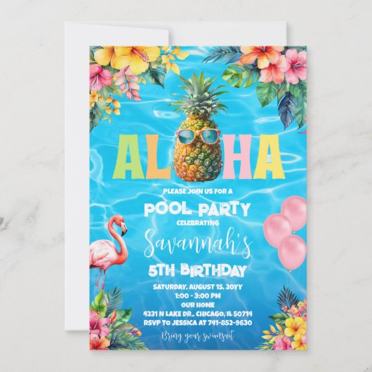 Invitation Anniversaire de la fête de la piscine d'Aloha (Devant)