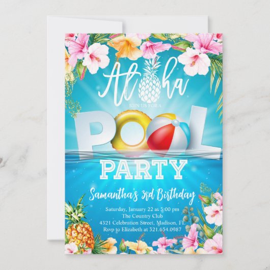 Invitation Anniversaire de la fête de la piscine d'Aloha (Devant)