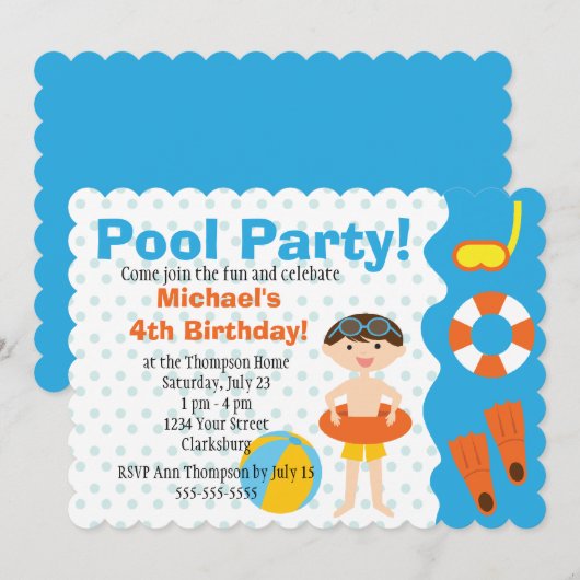 Invitation Anniversaire de la fête de la piscine de garçons p (Devant / Derrière)