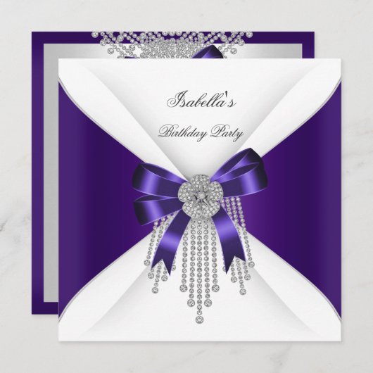 Invitation Anniversaire de la fête de violet Bow argent diama (Devant / Derrière)
