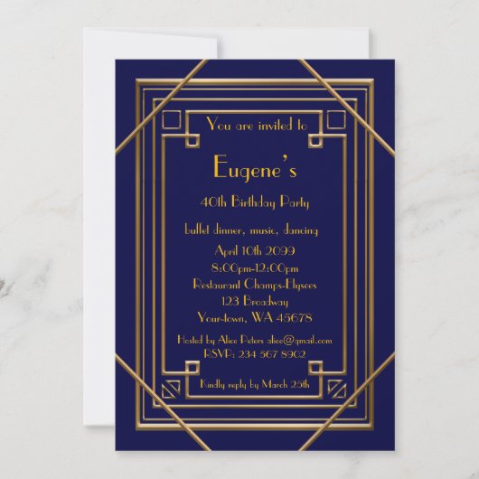 Invitation Anniversaire de la fête, style Gatsby d'or, marine (Devant)