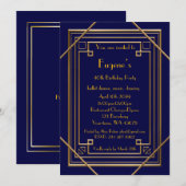 Invitation Anniversaire de la fête, style Gatsby d'or, marine (Devant / Derrière)