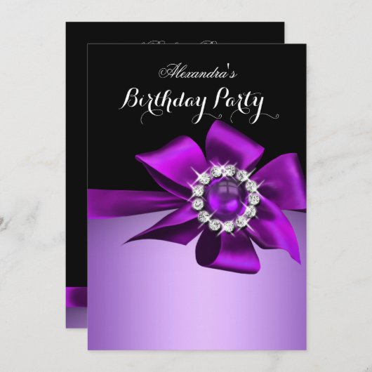 Invitation Anniversaire de la fête violet Pearl Diamond Bow (Devant / Derrière)