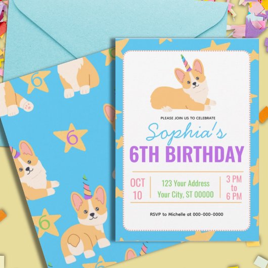 Invitation Anniversaire de la fille de la licorne, Corgi Part