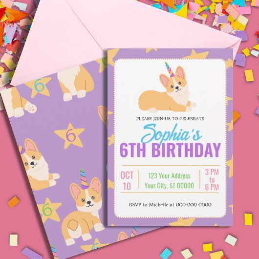 Invitation Anniversaire de la fille de la licorne, Corgi Part