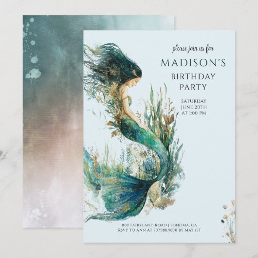 Invitation Anniversaire de la fille de sirène magique (Devant / Derrière)
