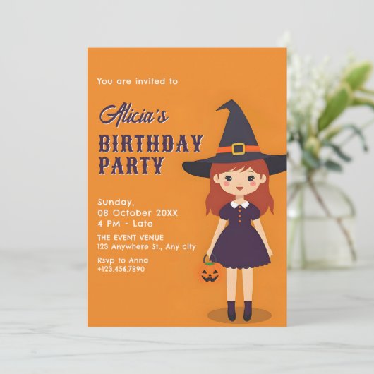 Invitation Anniversaire de la fille d'Halloween (Debout devant)