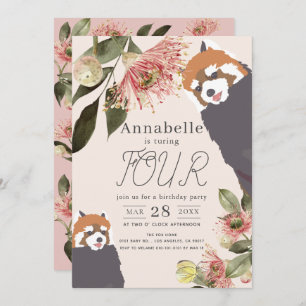 Invitation Anniversaire de la Fille Florale Rose Panda Rouge