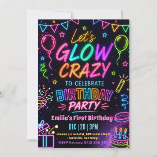 Invitation Anniversaire de la fille folle de Glow