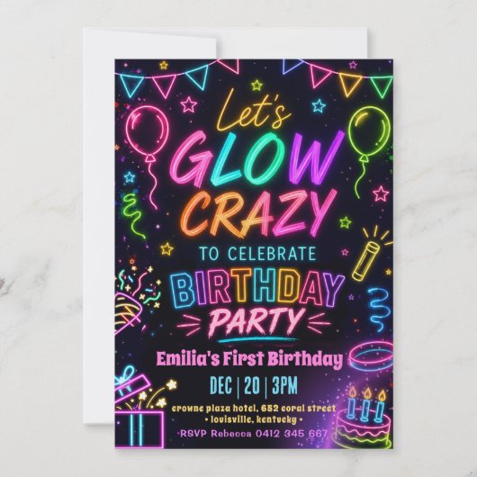 Invitation Anniversaire de la fille folle de Glow (Devant)
