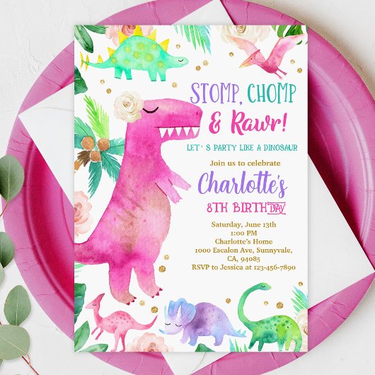 Invitation Anniversaire de la fille Hot Pink Dinos