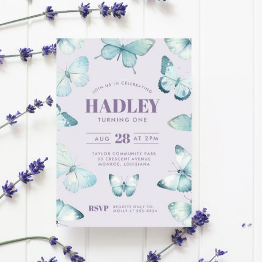 Invitation Anniversaire de la fille papillon bleu violet ench