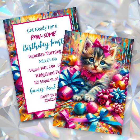 Invitation Anniversaire de la fille rose et bleu Kitten