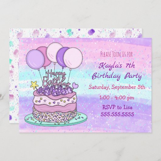 Invitation Anniversaire de la fille rose et violette (Devant / Derrière)