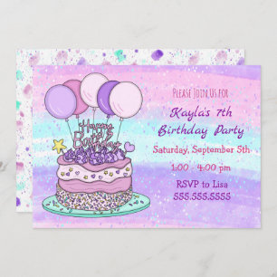 Invitation Anniversaire de la fille rose et violette 