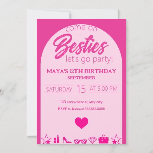 Invitation Anniversaire de la fille rose, fête des Besties ro (Devant)