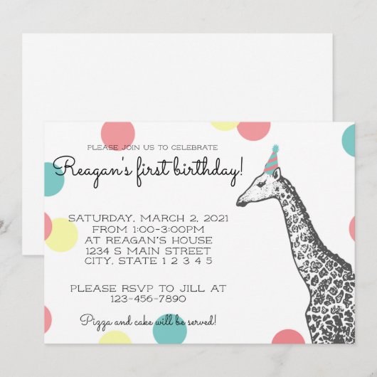 Invitation Anniversaire de la Giraffe (Devant / Derrière)