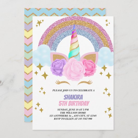 Invitation Anniversaire de la licorne (Devant / Derrière)