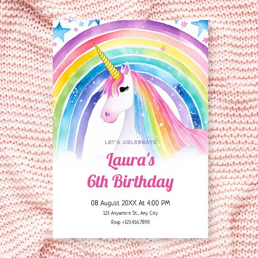 Invitation Anniversaire de la licorne aquarelle