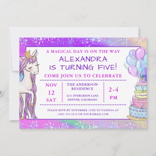 Invitation Anniversaire de la licorne de la fille (Devant)