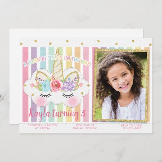 Invitation Anniversaire de la licorne, Invitation  (Devant / Derrière)