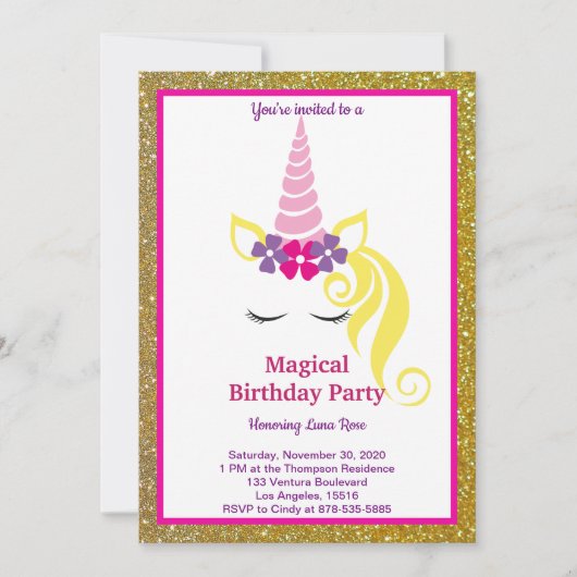 Invitation Anniversaire de la licorne magique (Devant)