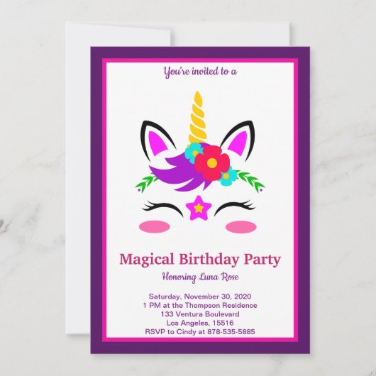 Invitation Anniversaire de la licorne magique (Devant)
