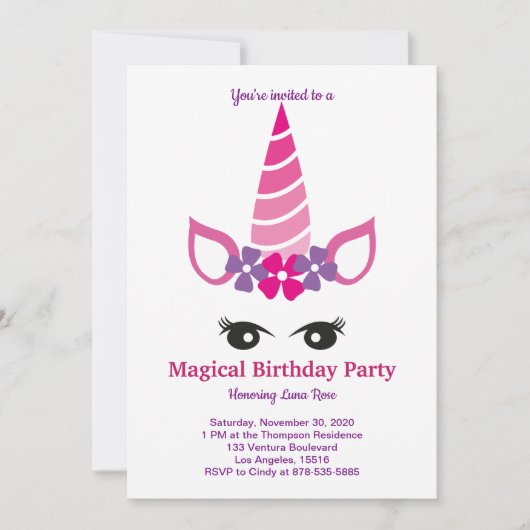 Invitation Anniversaire de la licorne magique (Devant)