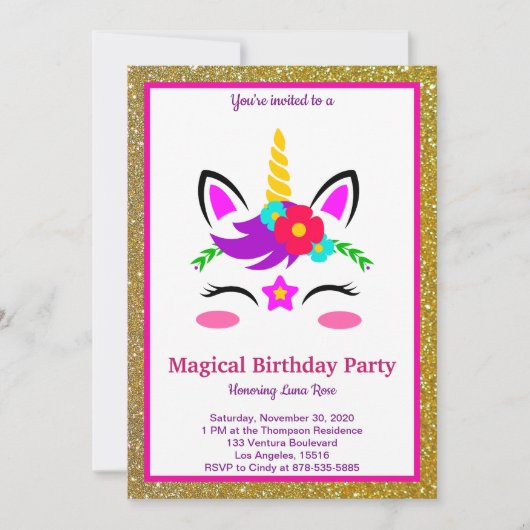 Invitation Anniversaire de la licorne magique (Devant)
