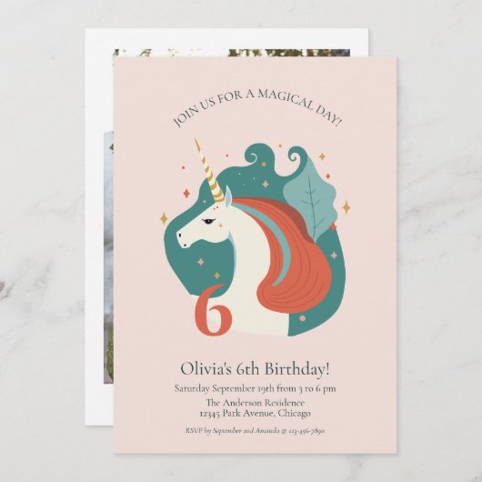 Invitation Anniversaire de la licorne magique (Devant / Derrière)