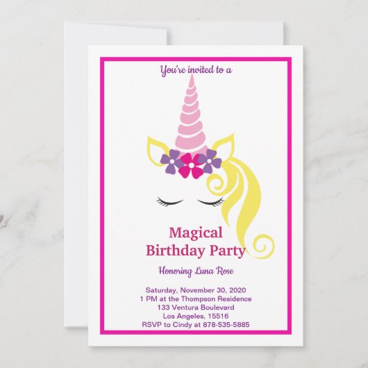 Invitation Anniversaire de la licorne magique (Devant)