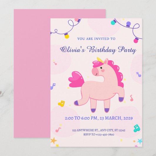 Invitation anniversaire de la licorne rose (Devant / Derrière)