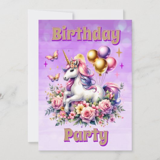 Invitation Anniversaire de la licorne rose, pourpre et or (Devant)