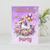 Invitation Anniversaire de la licorne rose, pourpre et or (Debout devant)