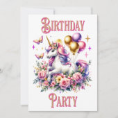 Invitation Anniversaire de la licorne rose, pourpre et or (Devant)
