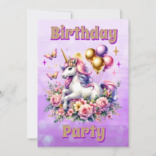 Invitation Anniversaire de la licorne rose, pourpre et or (Devant)