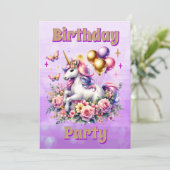 Invitation Anniversaire de la licorne rose, pourpre et or (Debout devant)