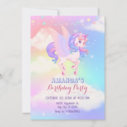 Invitation Anniversaire de la licorne rose violet (Devant)
